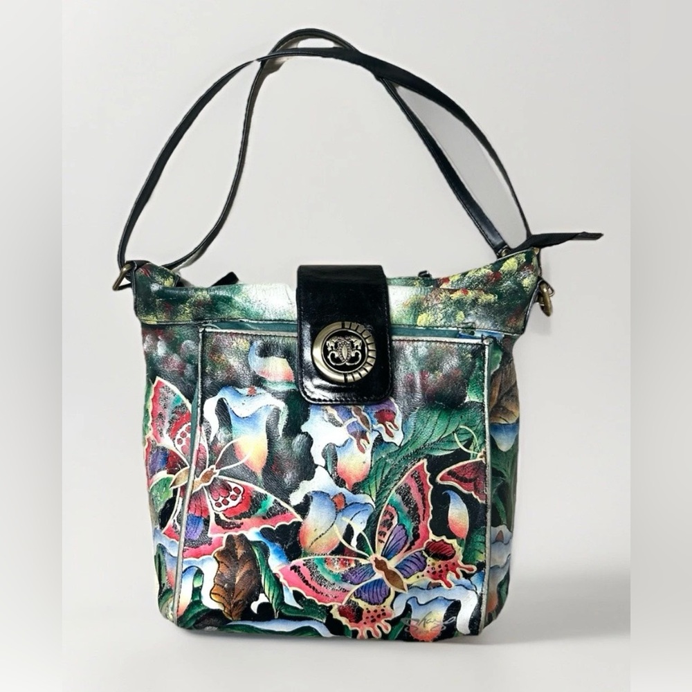 Vintage Sharif Bag Hand Painted Butterflies Colorful Medium Shoulder Bag Artsy - Picture 1 of 14